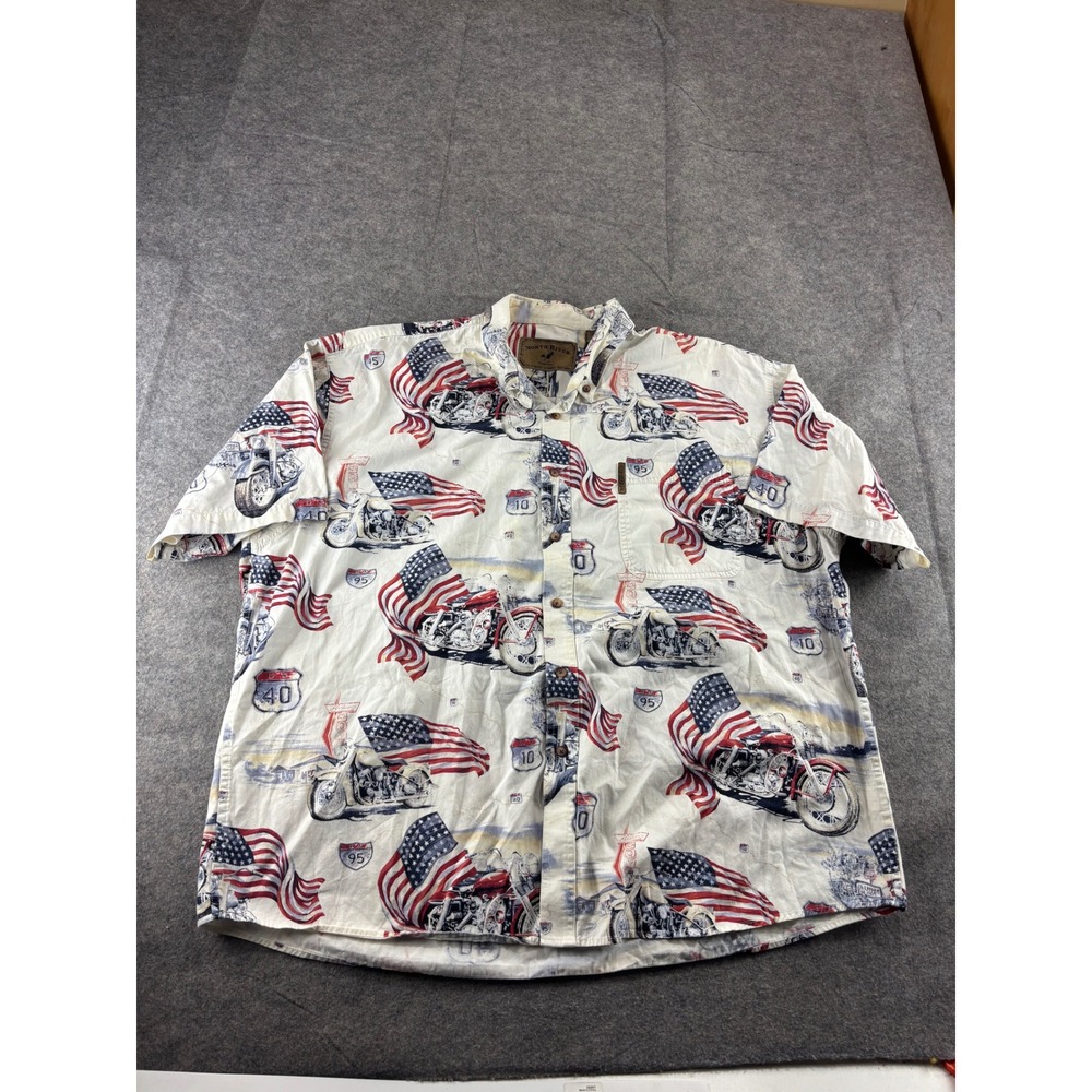 North River Mens XXL Motorcycle American Flag Route 66 Button Down Shirt Cream
